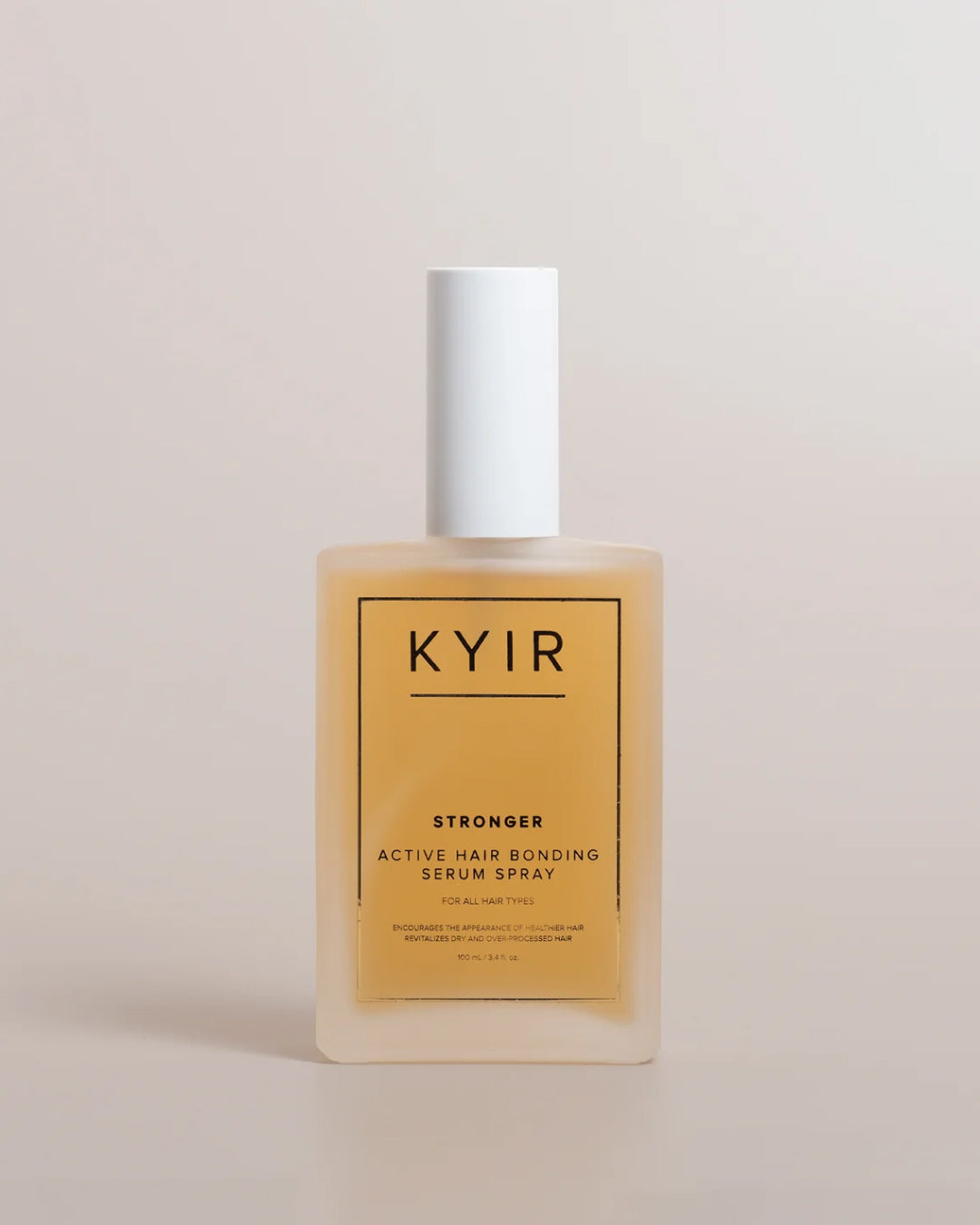 Kyir Stronger Active Hair Bonding Serum Spray in a clear bottle with a white cap