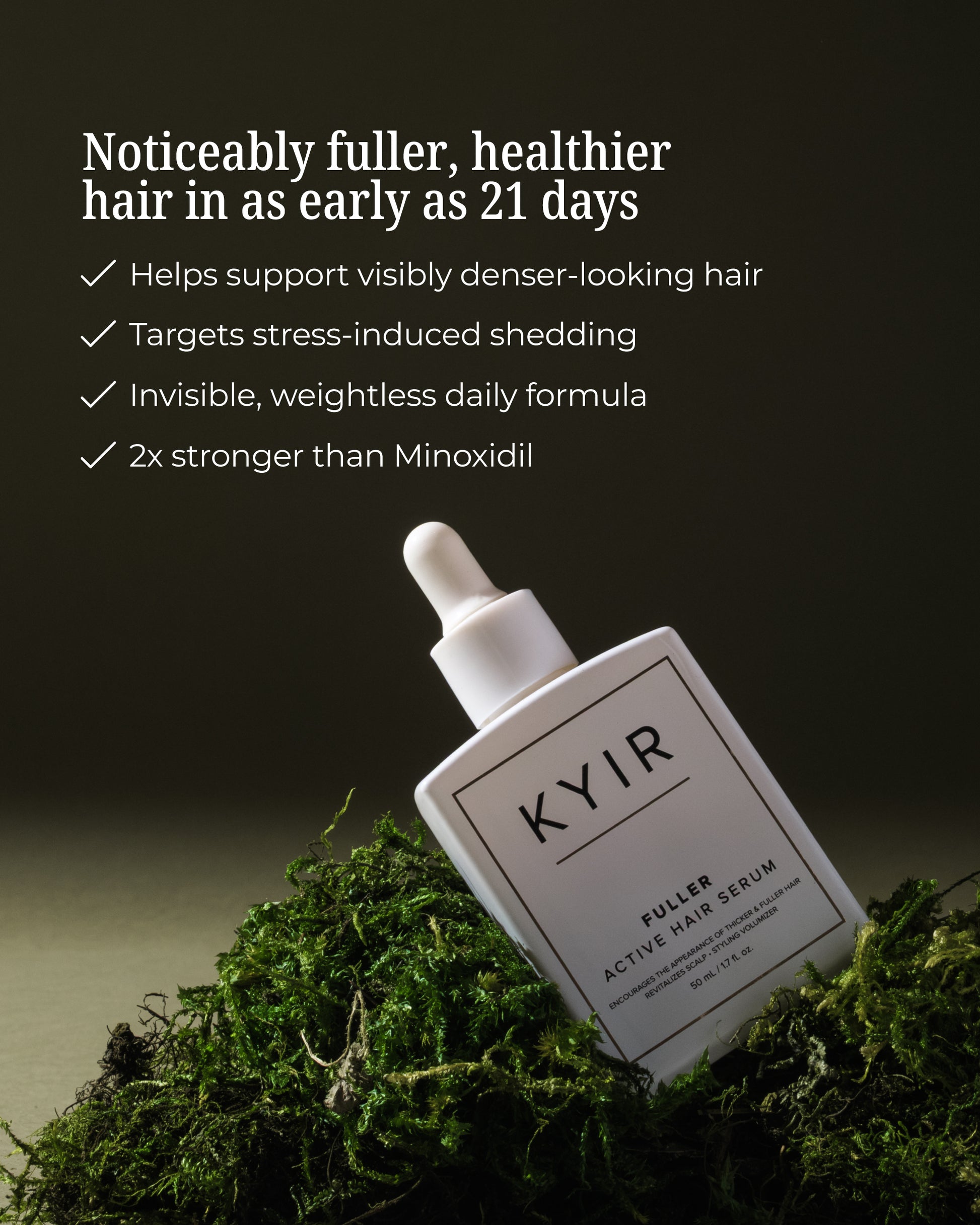 LoveKyir Fuller Active Hair Serum bottle on a bed of moss