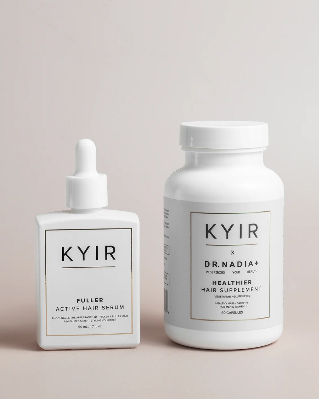 Kyir Method hair serum and supplement bottles
