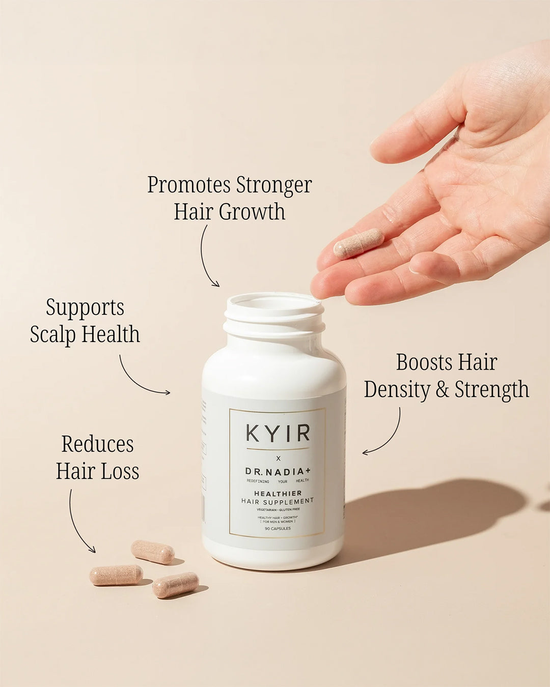 LoveKyir Healthier Hair Supplement bottle with capsules and text describing benefits