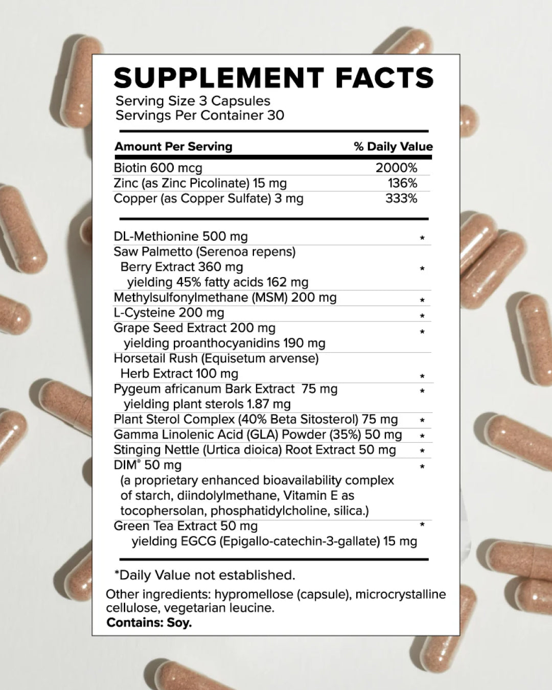 LoveKyir Healthier Hair Supplement facts label with ingredients and daily values