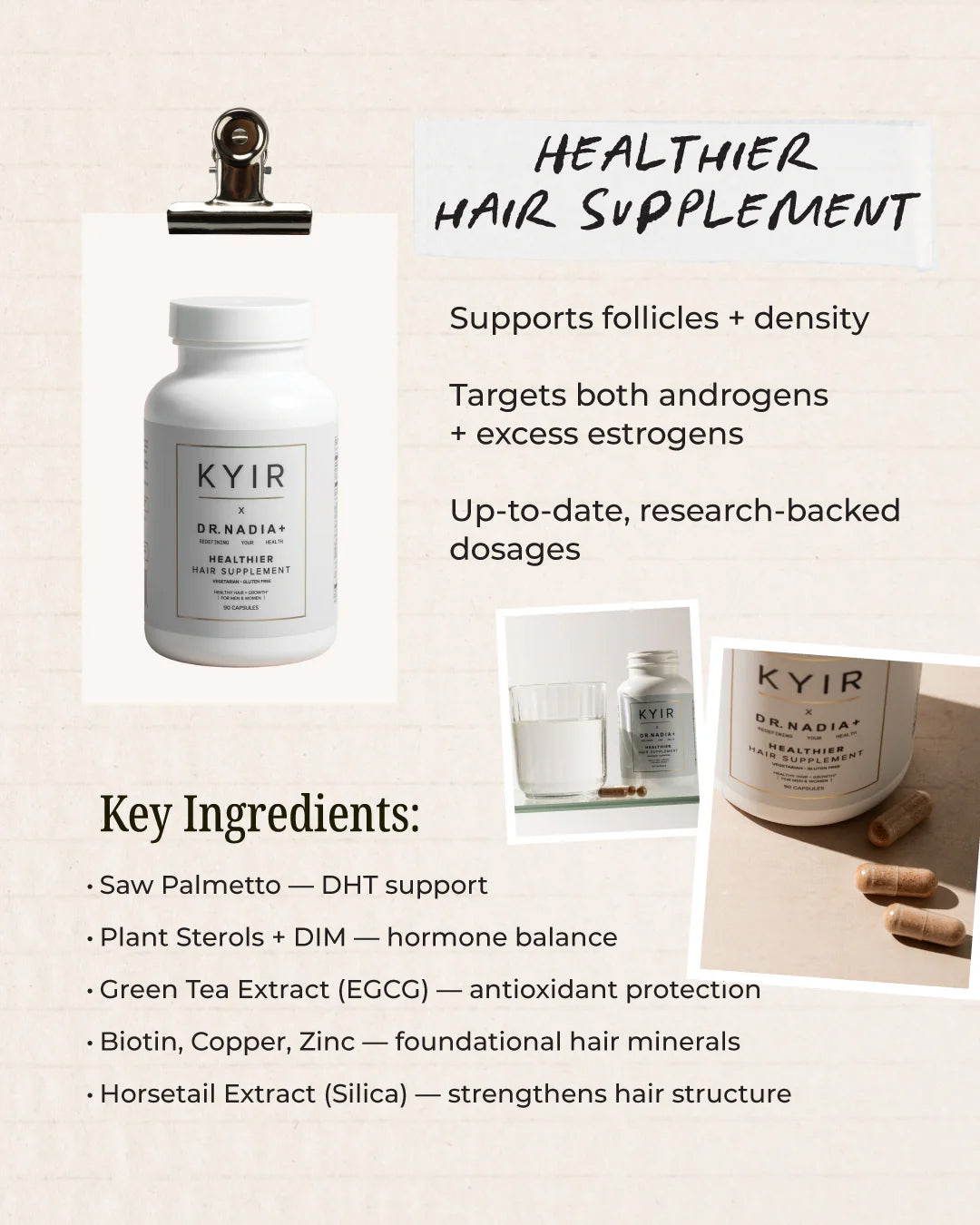Kyir The Kyir Method Healthier Hair Supplement bottle and ingredients list