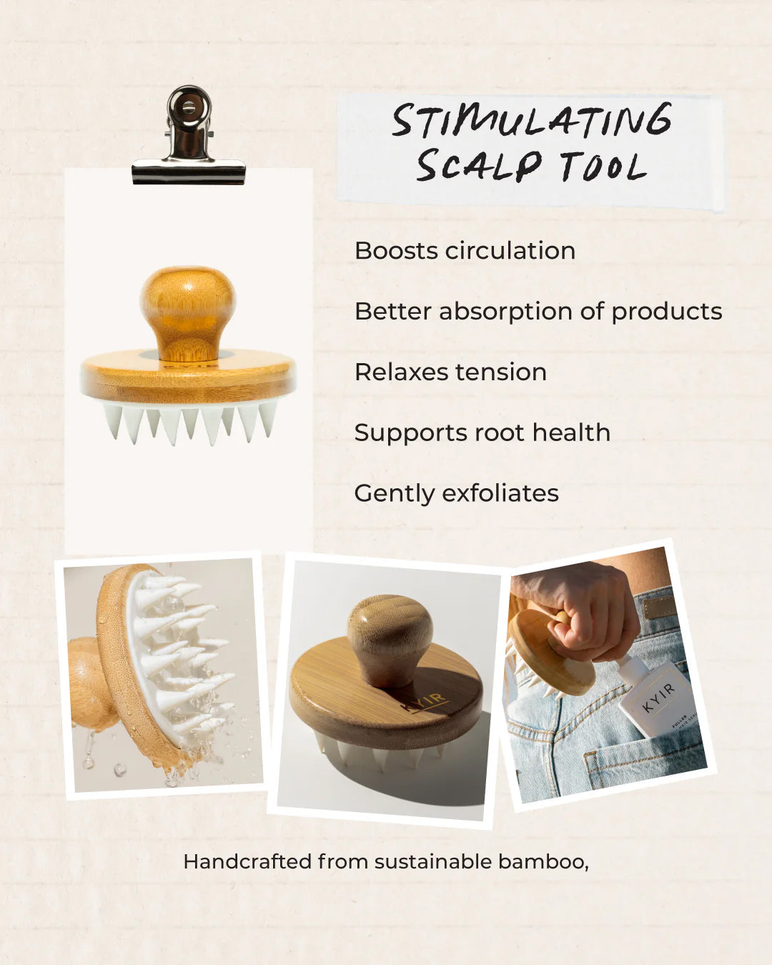 Kyir Method stimulating scalp tool with bamboo handle and white bristles