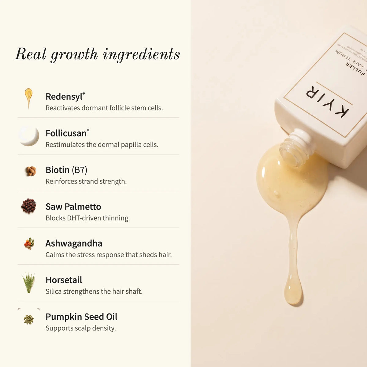 LoveKyir Fuller Active Hair Serum ingredients list with serum bottle pouring liquid