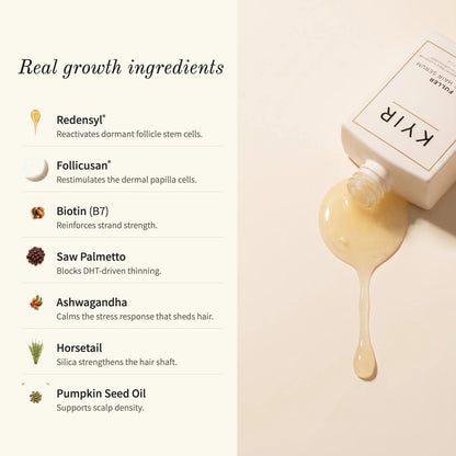 LoveKyir Fuller Active Hair Serum ingredients list with serum bottle pouring liquid