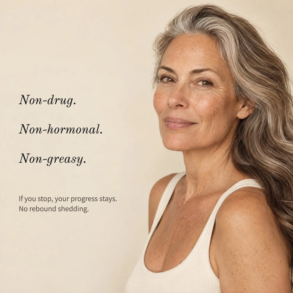 Woman with grey hair promoting LoveKyir Fuller Active Hair Serum benefits