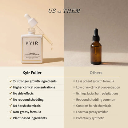 Comparison chart between LoveKyir Fuller Active Hair Serum and other hair serums highlighting ingredient benefits
